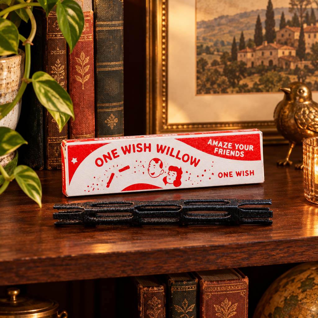 One Wish Willow black stick and presentation box styled on a bookshelf