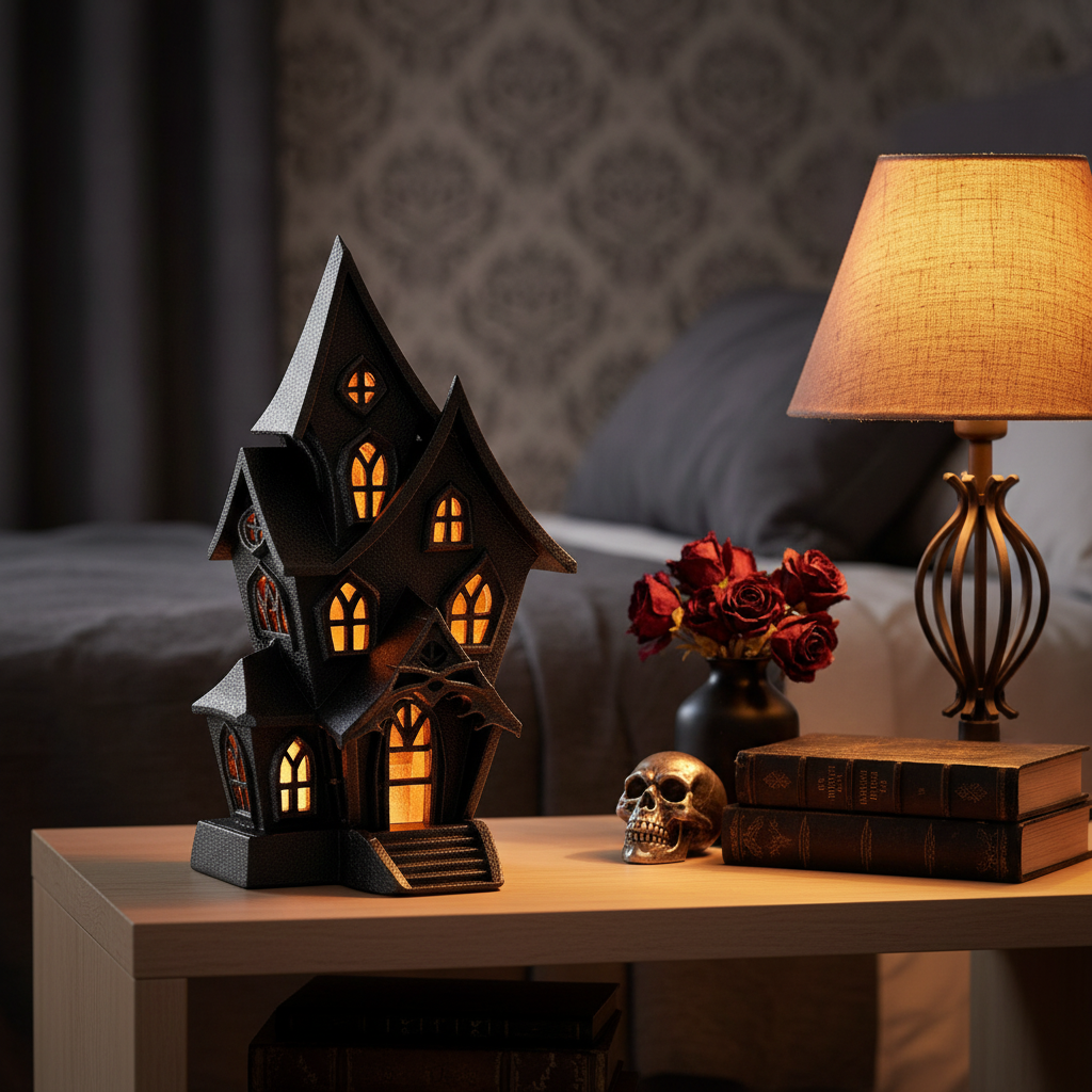 Haunted house tealight holder on a bedroom shelf