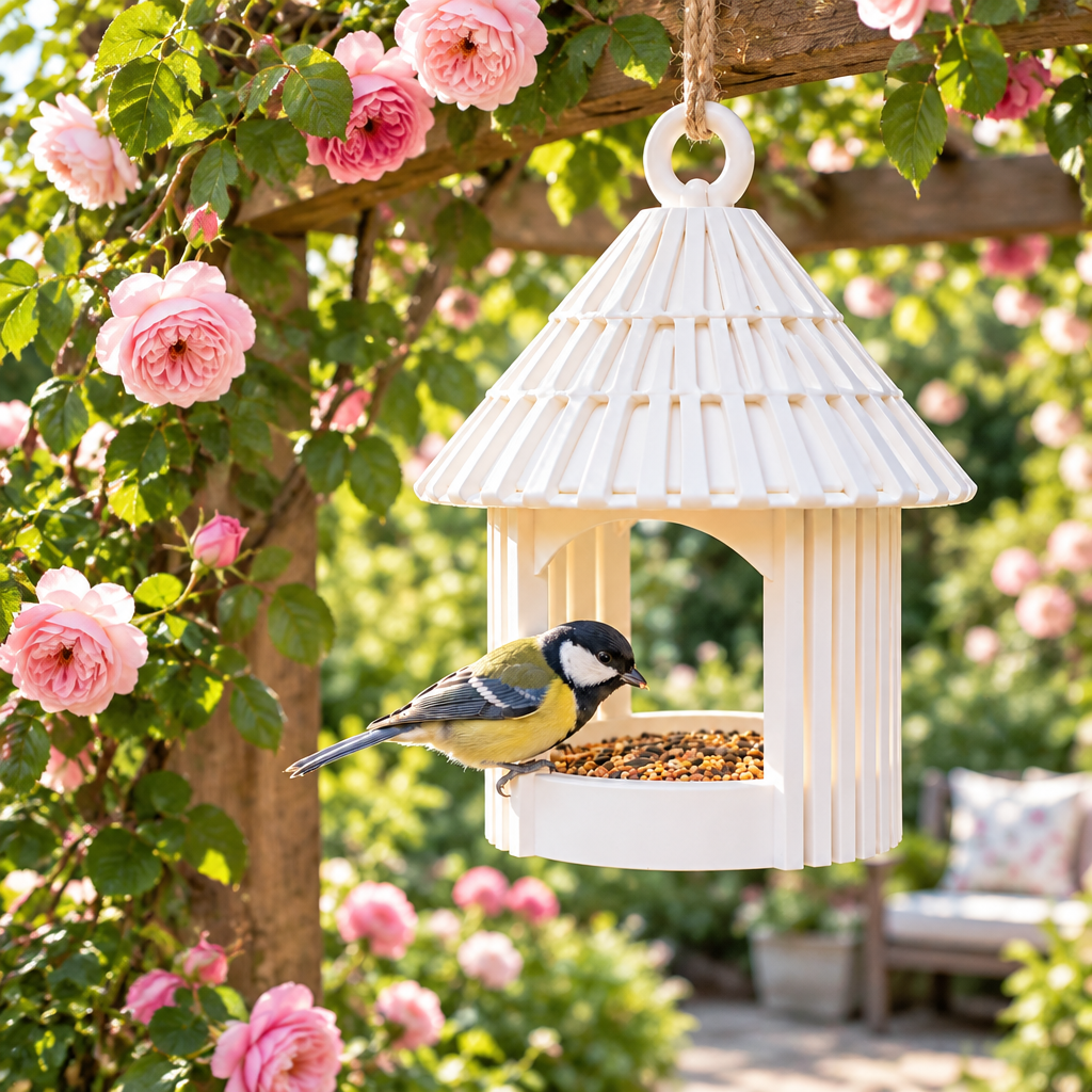 Garden Hut feeder near a rose pergola