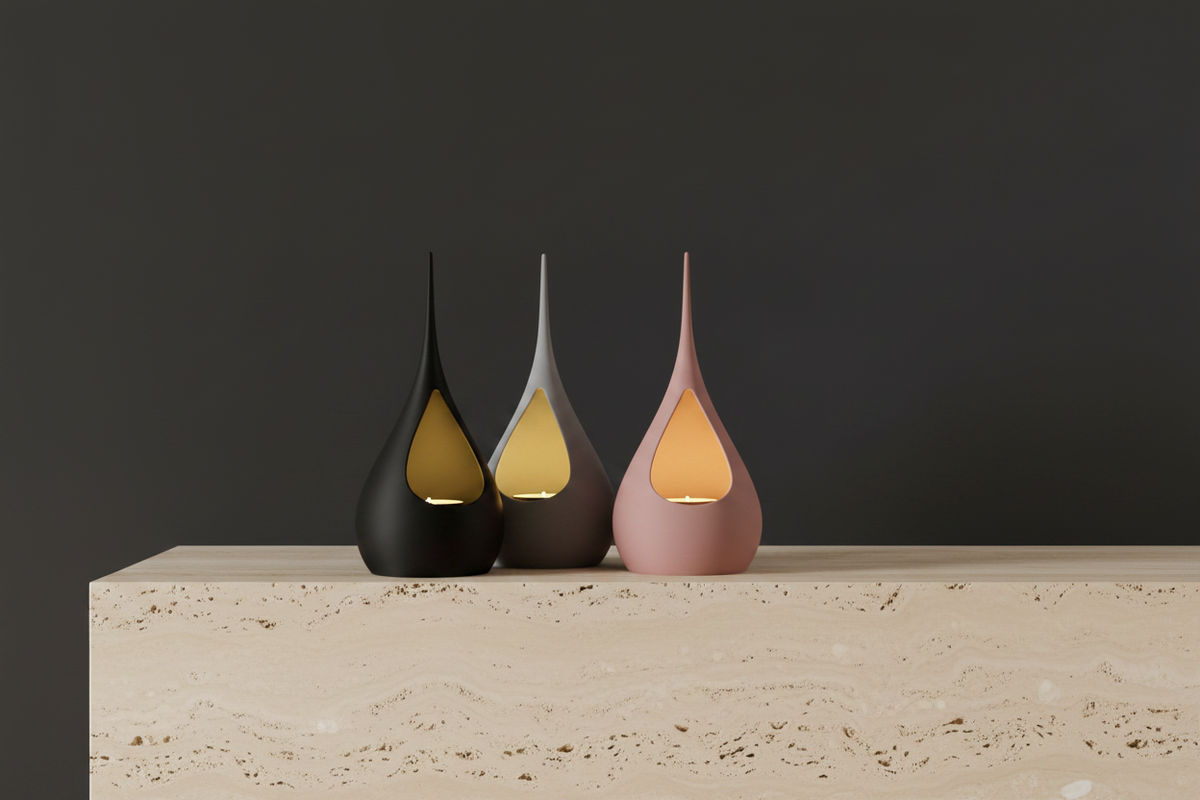 Three Teardrop LED Tealight Holders black grey dusty pink warm gold glow grouped centrepiece pale travertine dark moody evening interior