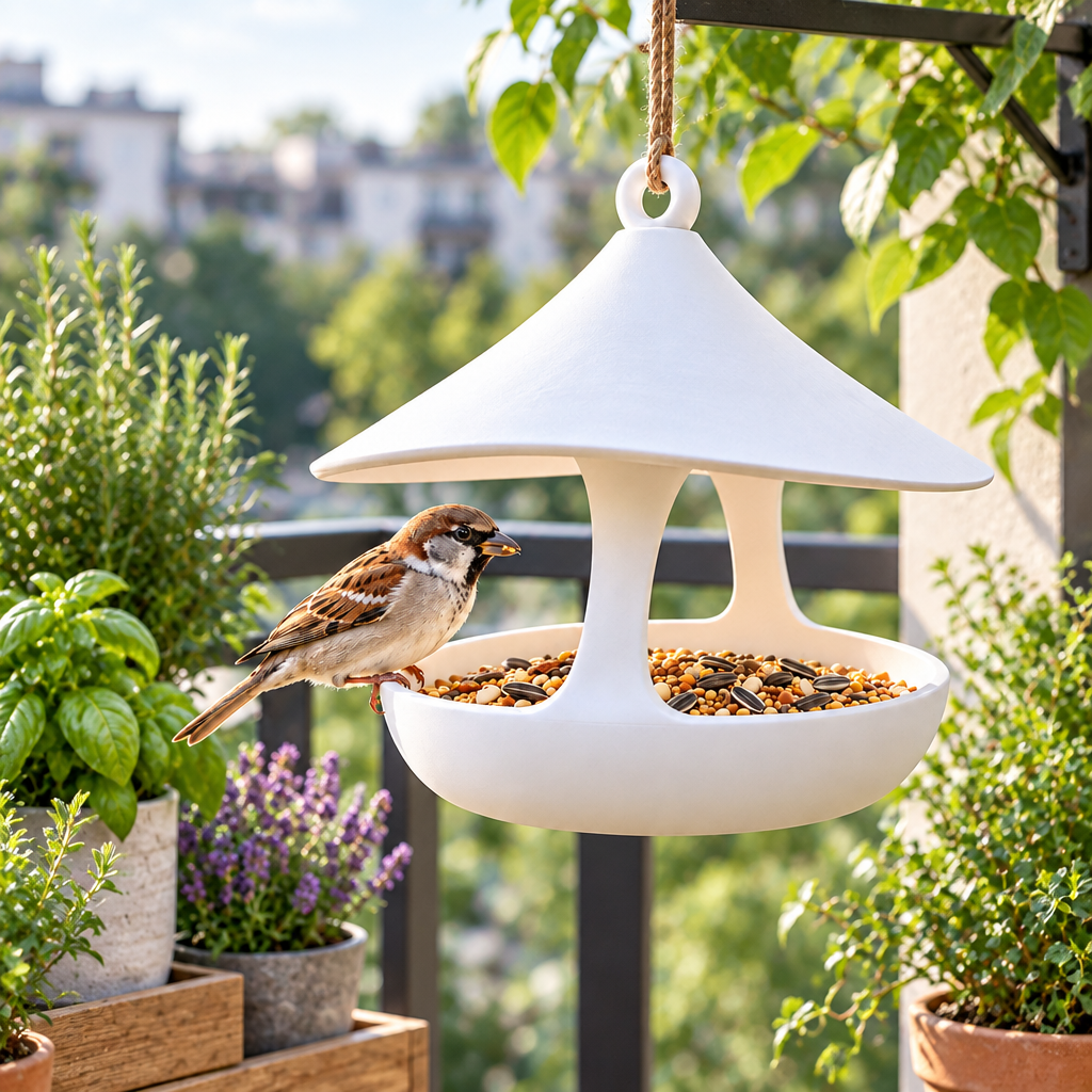 Modern bird feeder on a planted balcony