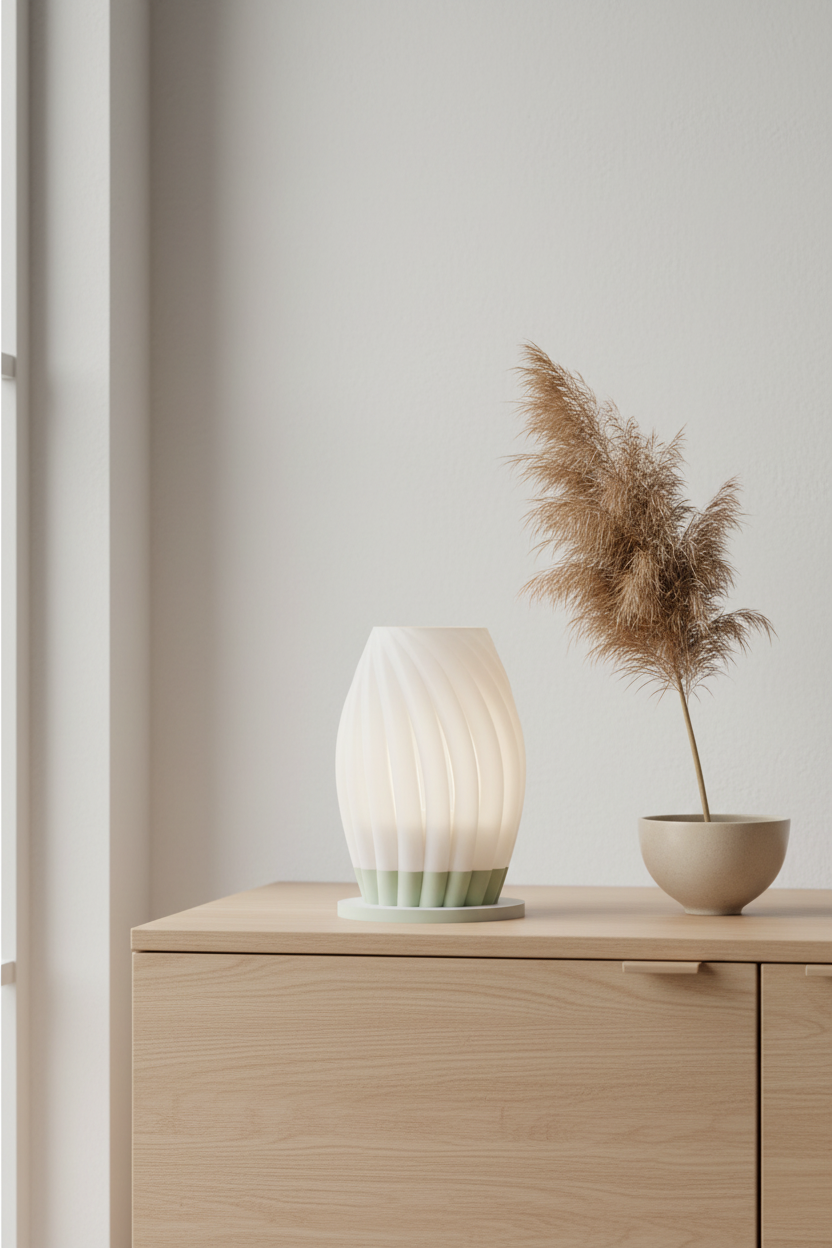 Twist Bloom Lamp white with white base diagonal twist-blade spiral fins flared petal base pale oak sideboard pampas grass ceramic bowl soft Japandi interior