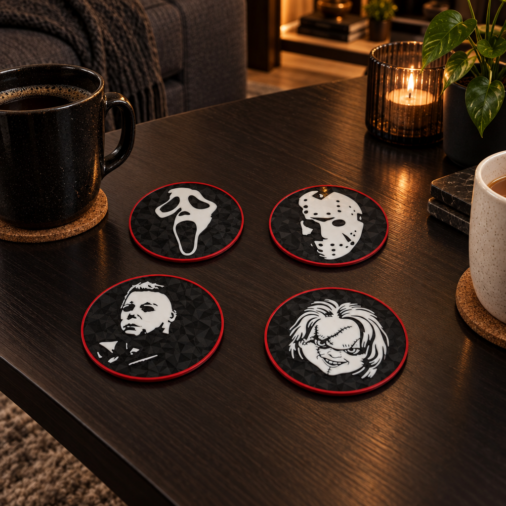 Four black horror character coasters beside mugs on a dark modern coffee table