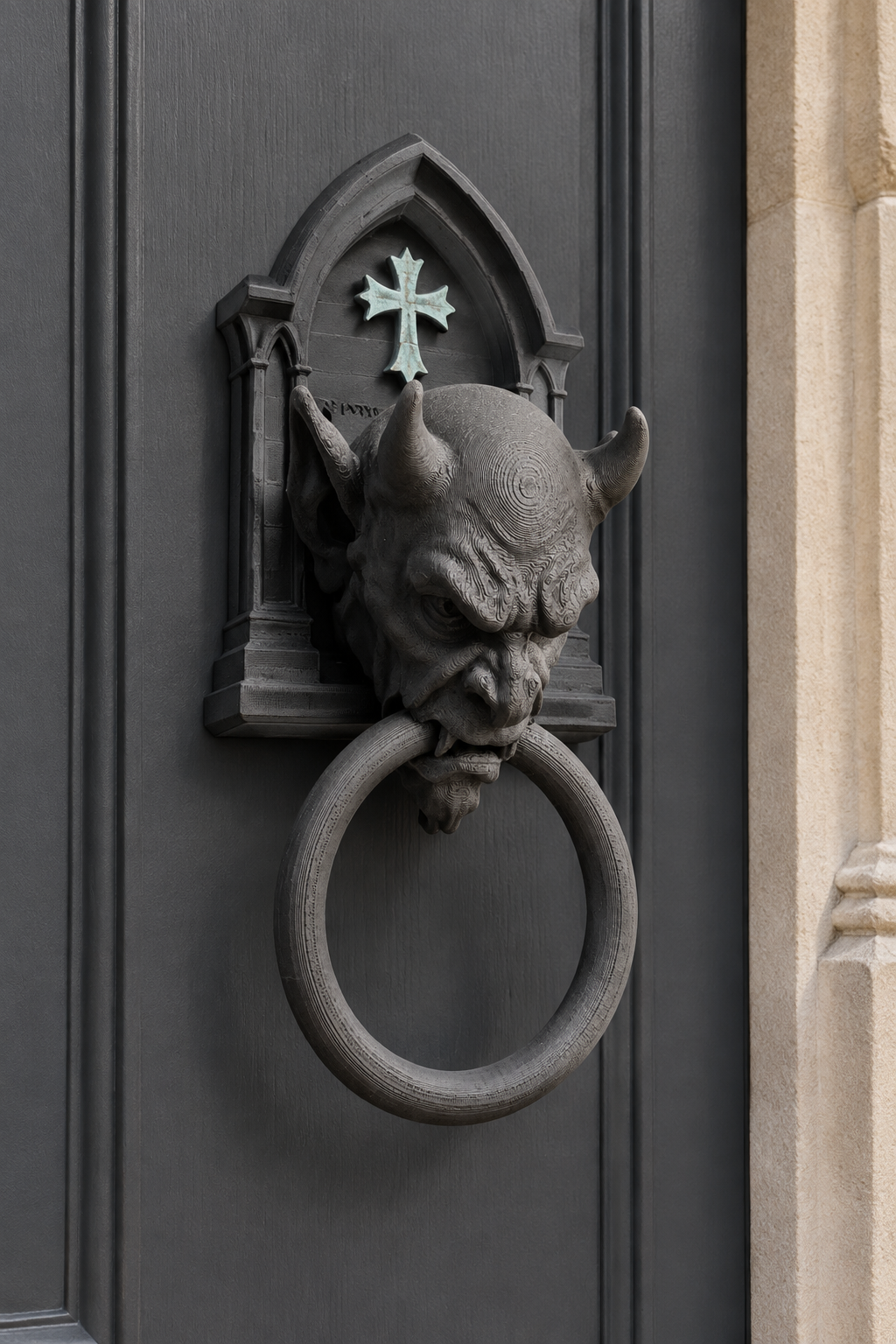 Gargoyle knocker on charcoal door