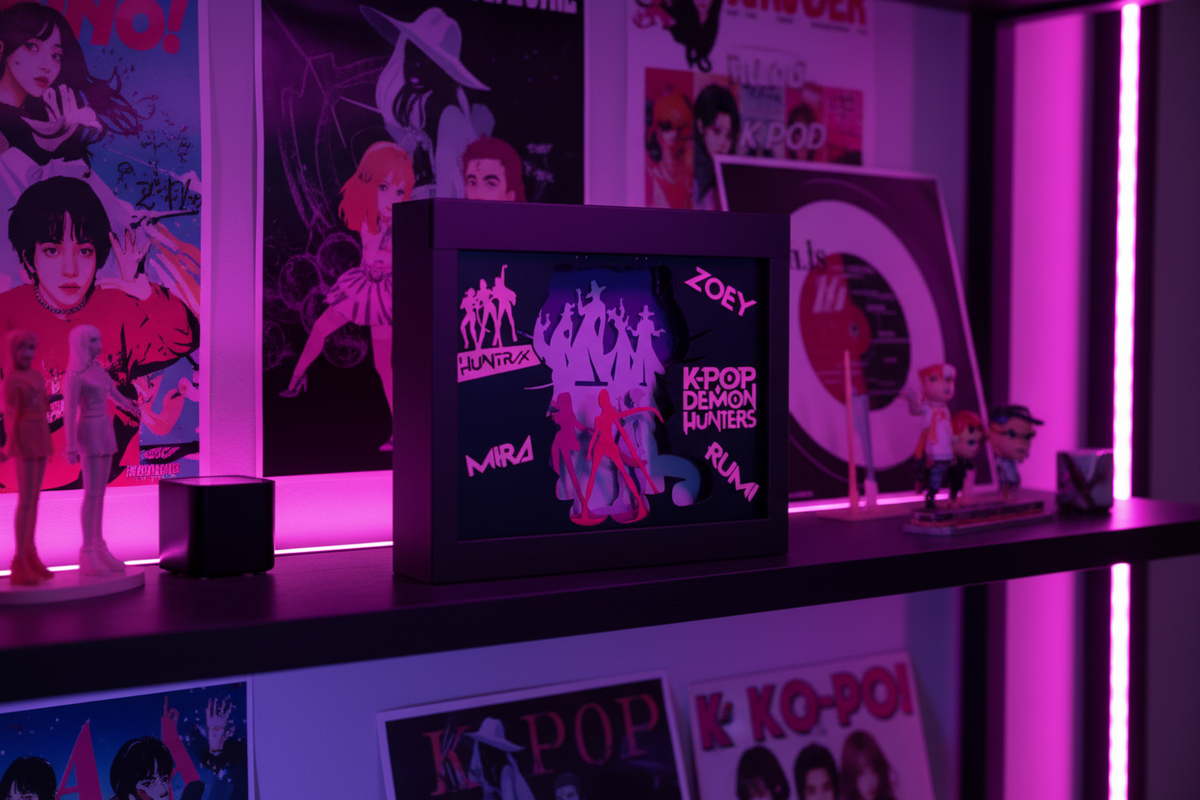 K-Pop Demon Hunters shadow box on a dark modern shelf in a stylish K-Pop fan room with neon pink and purple ambient lighting