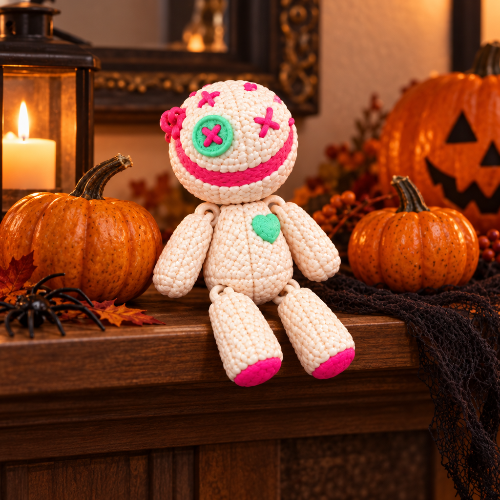Cream and pink Vodoo Doll on Halloween mantel
