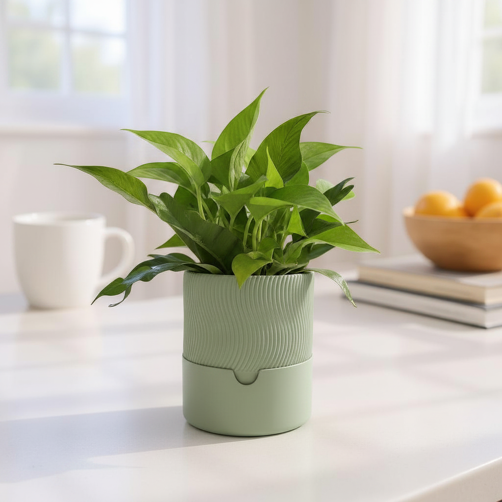 Sage green ribbed self-watering planter with pothos on a bright kitchen windowsill