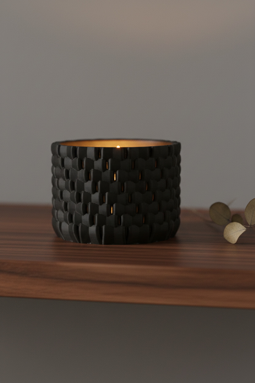 Woven Texture Tealight Holder matte black woven basket-weave surface glowing LED tealight dark walnut shelf eucalyptus sprig moody evening