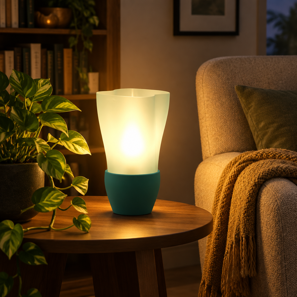 Flowing E14 Lamp glowing beside an armchair and a houseplant in a reading corner
