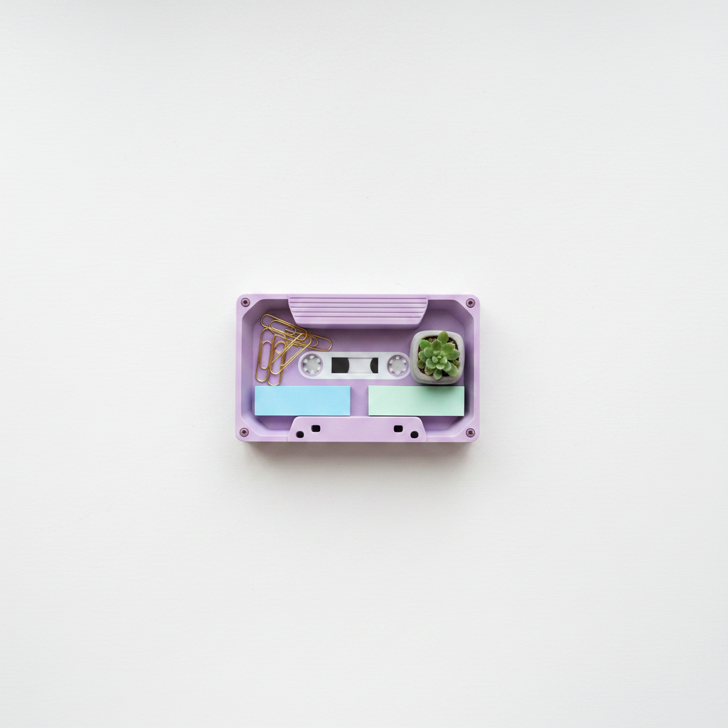 Lavender purple cassette tape tray with stationery and paper clips, Scandinavian flat lay