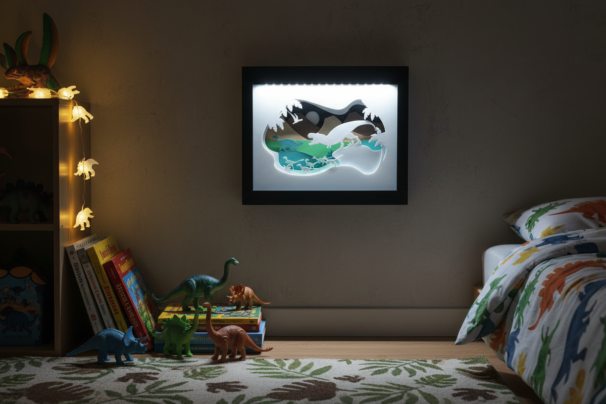 Dinosaur shadow box on a wall in a boy's adventure bedroom with dinosaur toys and warm lighting