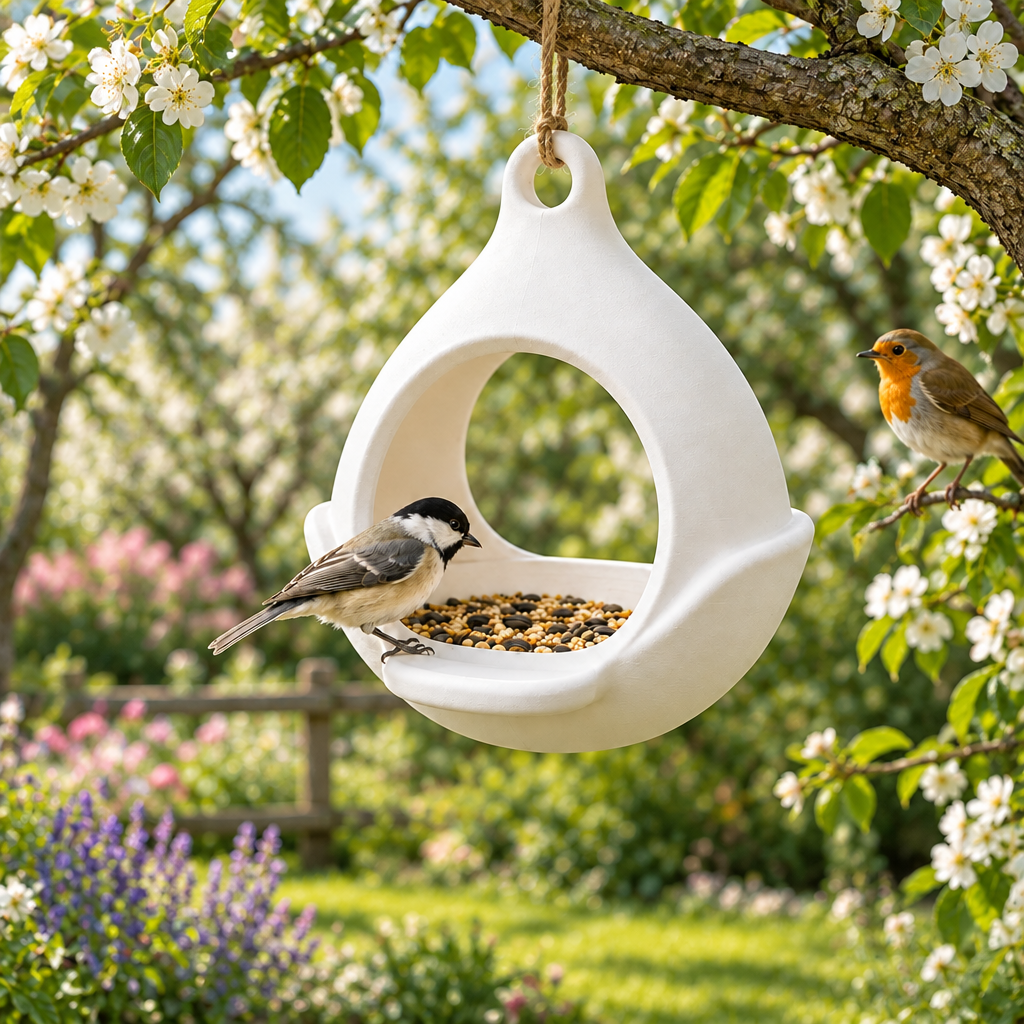Drop feeder in blossoming orchard