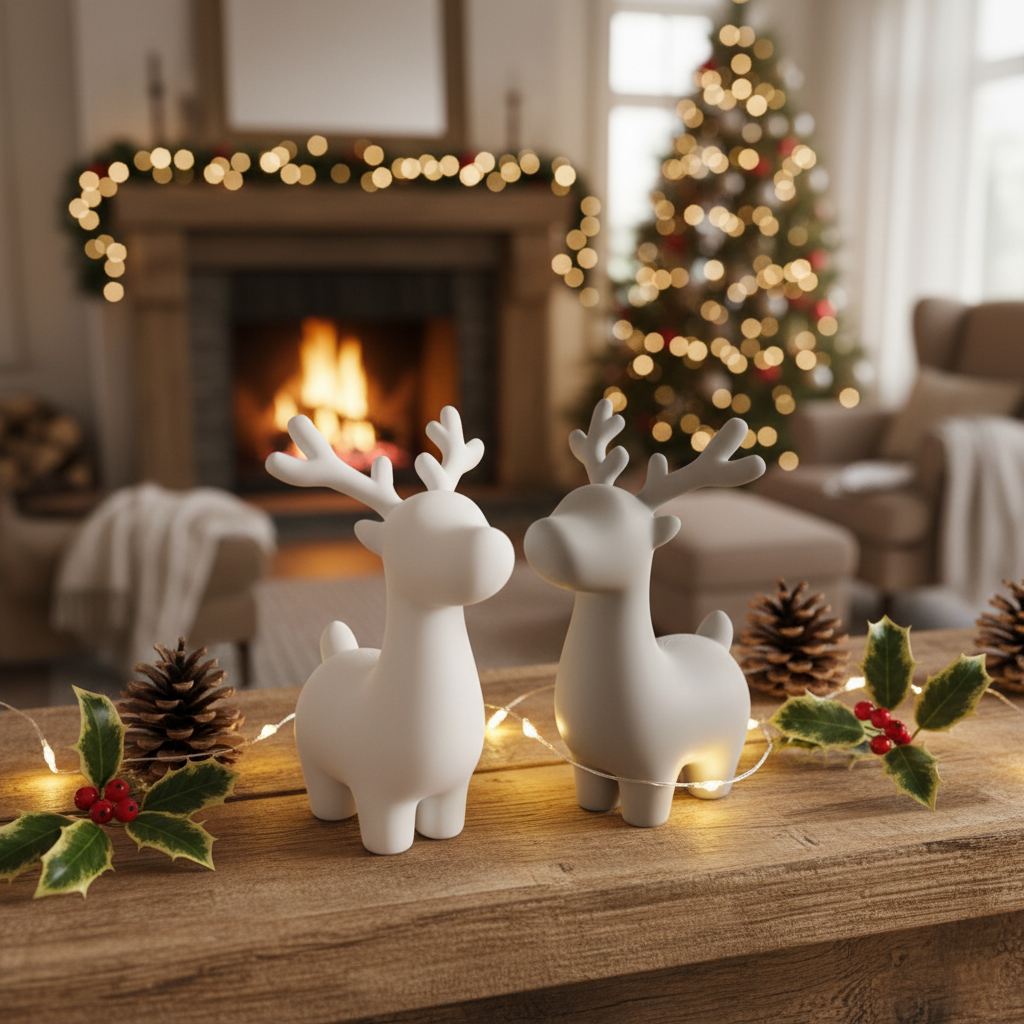 White and grey reindeer pair on mantelpiece with fairy lights and holly lifestyle