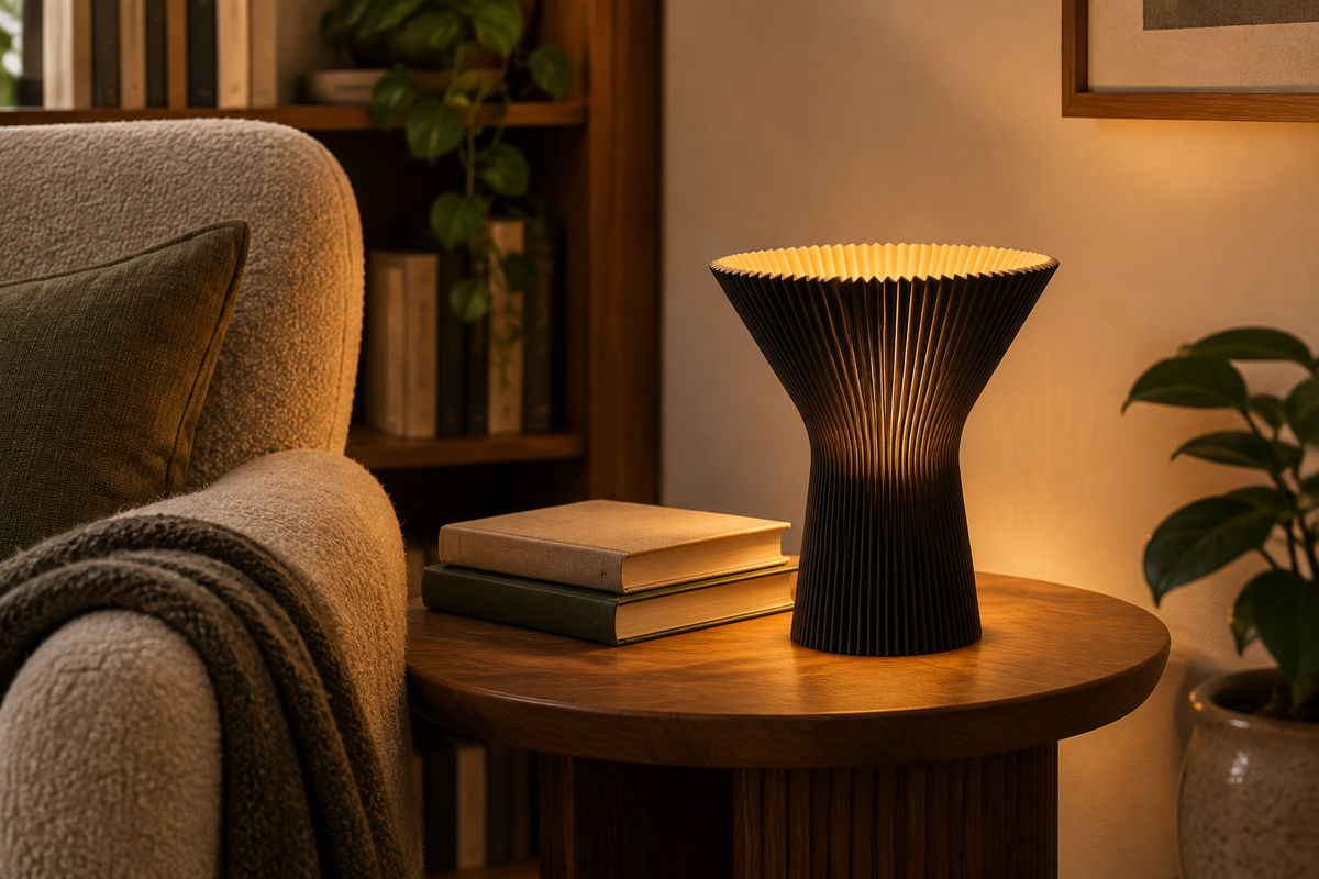 Black pleated inverted funnel lamp in a cosy reading nook.