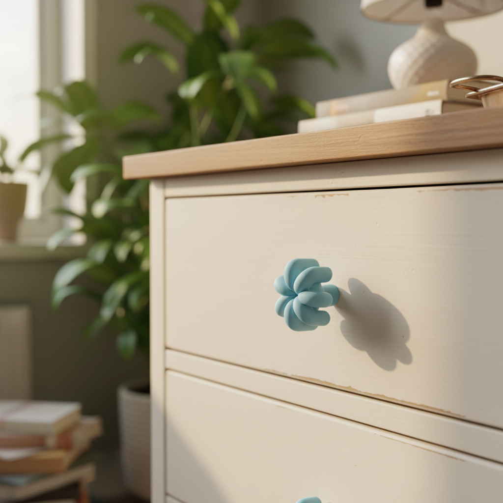 Wibble Cabinet Handle powder blue on vintage cream dresser lifestyle