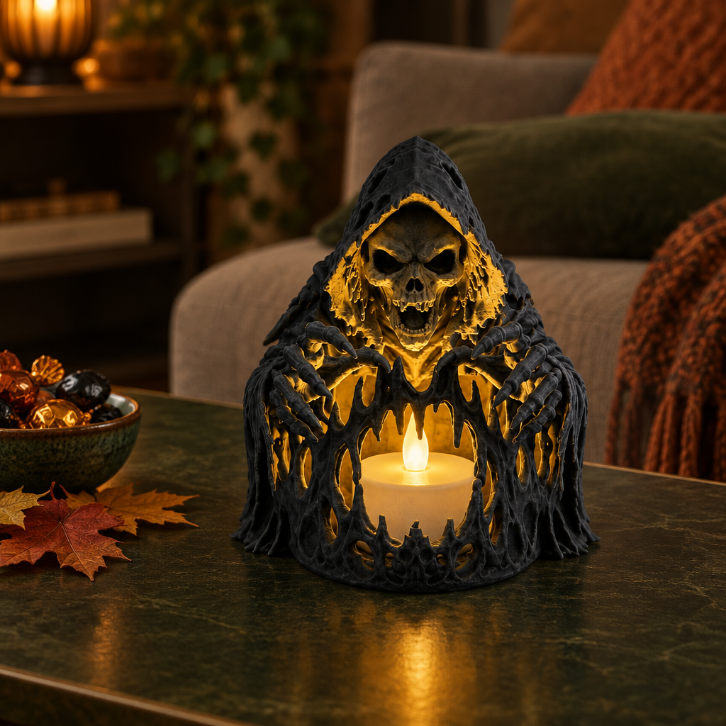 Black skeleton tealight holder with warm LED light styled on a fireplace mantel with autumn leaves