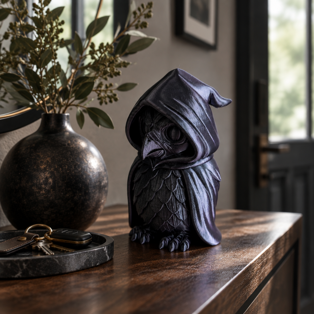 Cloaked Owl sculpture on an entryway table