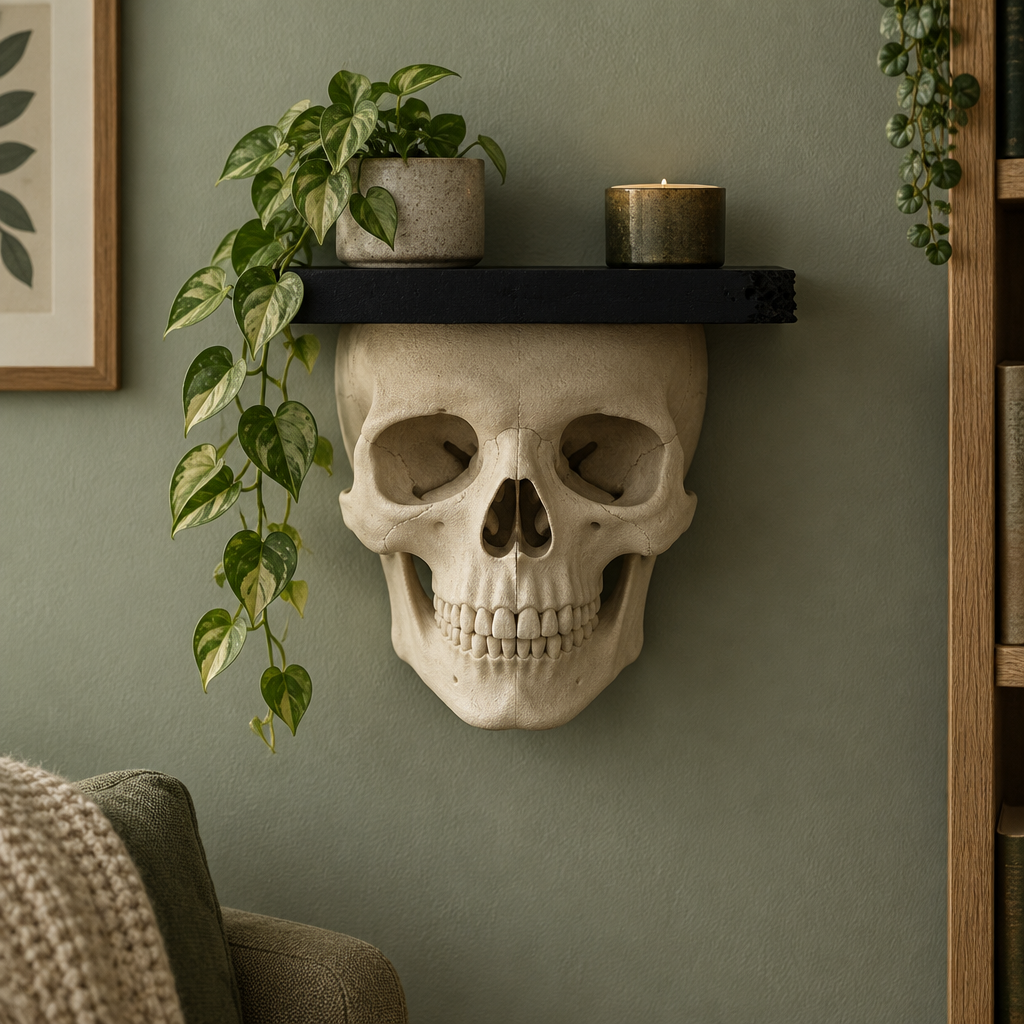 Front-facing Skull Shelf styled on a sage wall in a reading nook