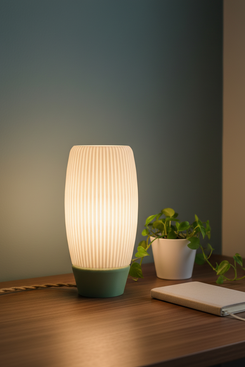 Ribbed E27 Lamp with diffuser tall oval barrel fine vertical ribbing sage green matte finish warm amber inner glow warm walnut desk minimal contemporary home office trailing pothos linen notebook soft warm evening work light atmospheric glow portrait