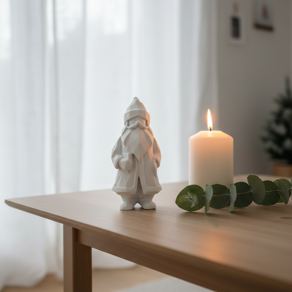Low-poly white Santa on coffee table beside pillar candle and eucalyptus lifestyle
