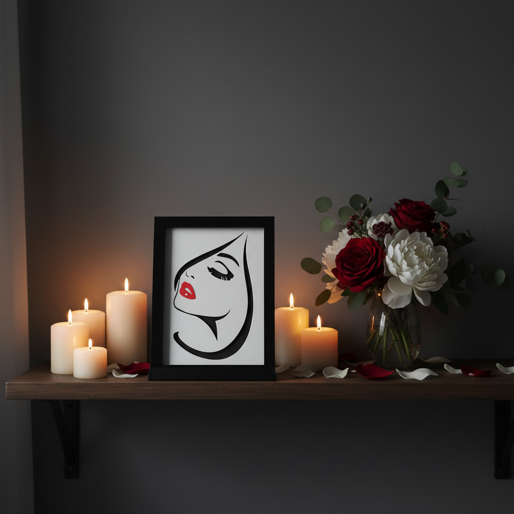 Woman's Face Shadow Box displayed on a dark bedroom shelf with candles and flowers