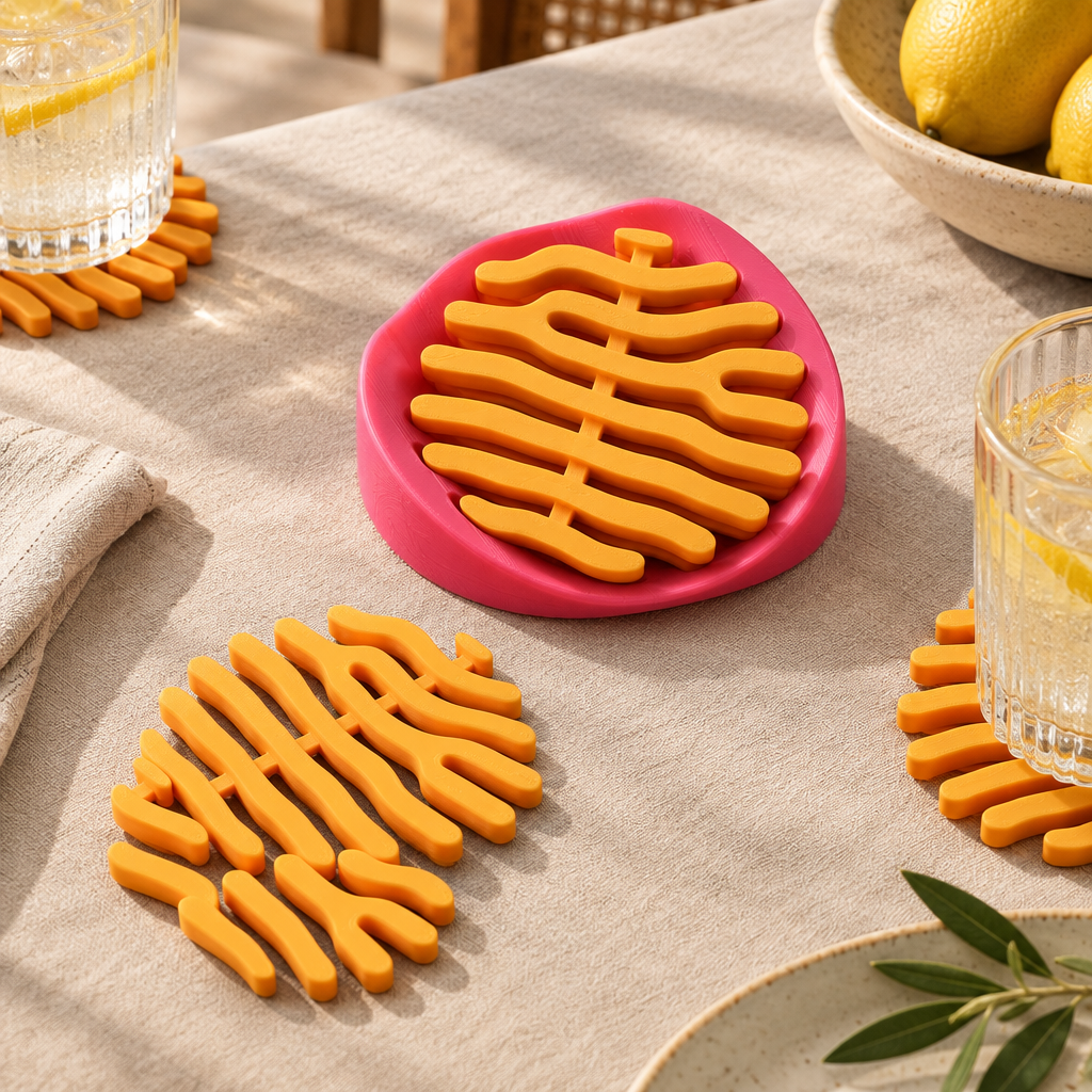 Coral coaster set on linen dining table