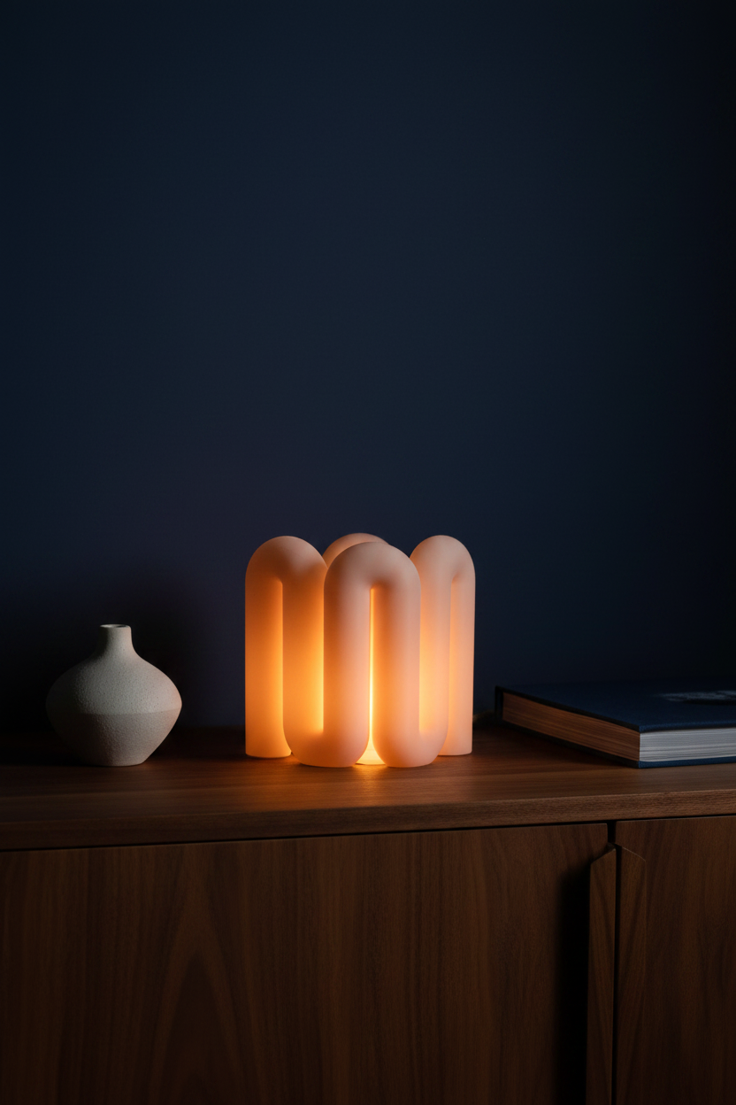 Wibble Curtain E27 Lamp warm amber glow translucent blush pink matte arch tube cluster warm walnut sideboard moody sophisticated living room ceramic sculptural vase hardcover art book deep navy blue wall dramatic atmospheric evening glow portrait