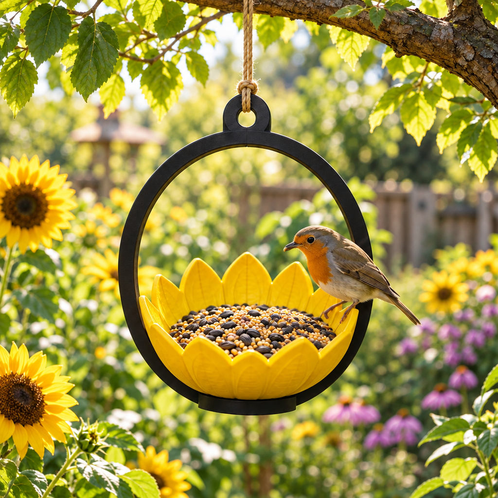 Sunflower bird feeder hanging near garden sunflowers