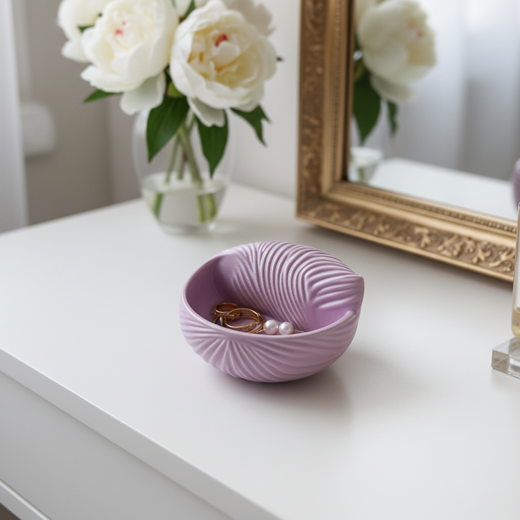 Lavender purple seashell jewellery bowl on white vanity with pearl earrings and soft morning light