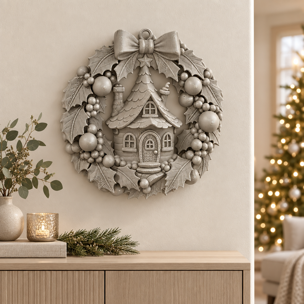 Silver Fairy Cottage Christmas Wreath displayed above a sideboard with seasonal greenery