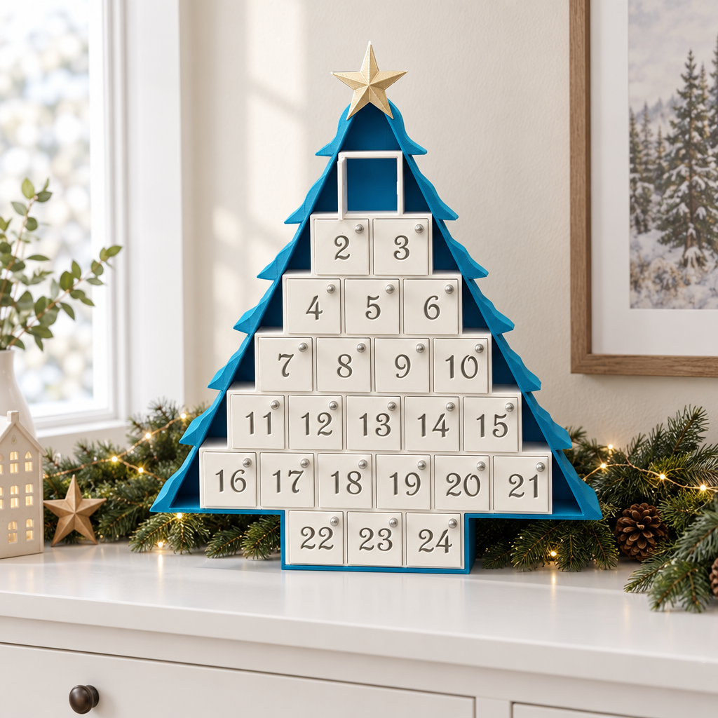 Blue and teal 24-drawer advent calendar on a white console with soft daylight