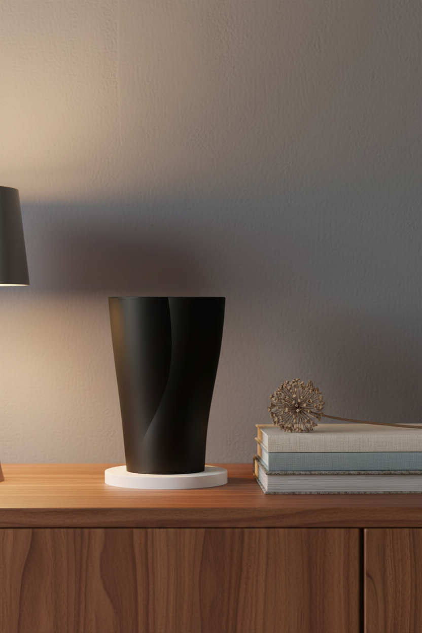 Elegant Modern Curve Vase matte black tapered pinched waist twist white disc base walnut console table linen books dried allium warm evening moody living room