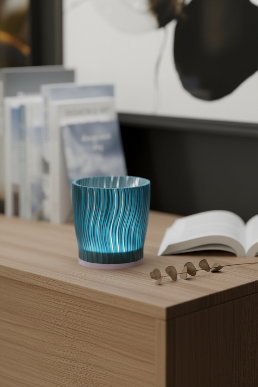 Ripple Edge Tealight Holder translucent teal vertical wave-ripple texture warm LED glow pale oak bedside table open book dried stem Japandi bedroom evening portrait