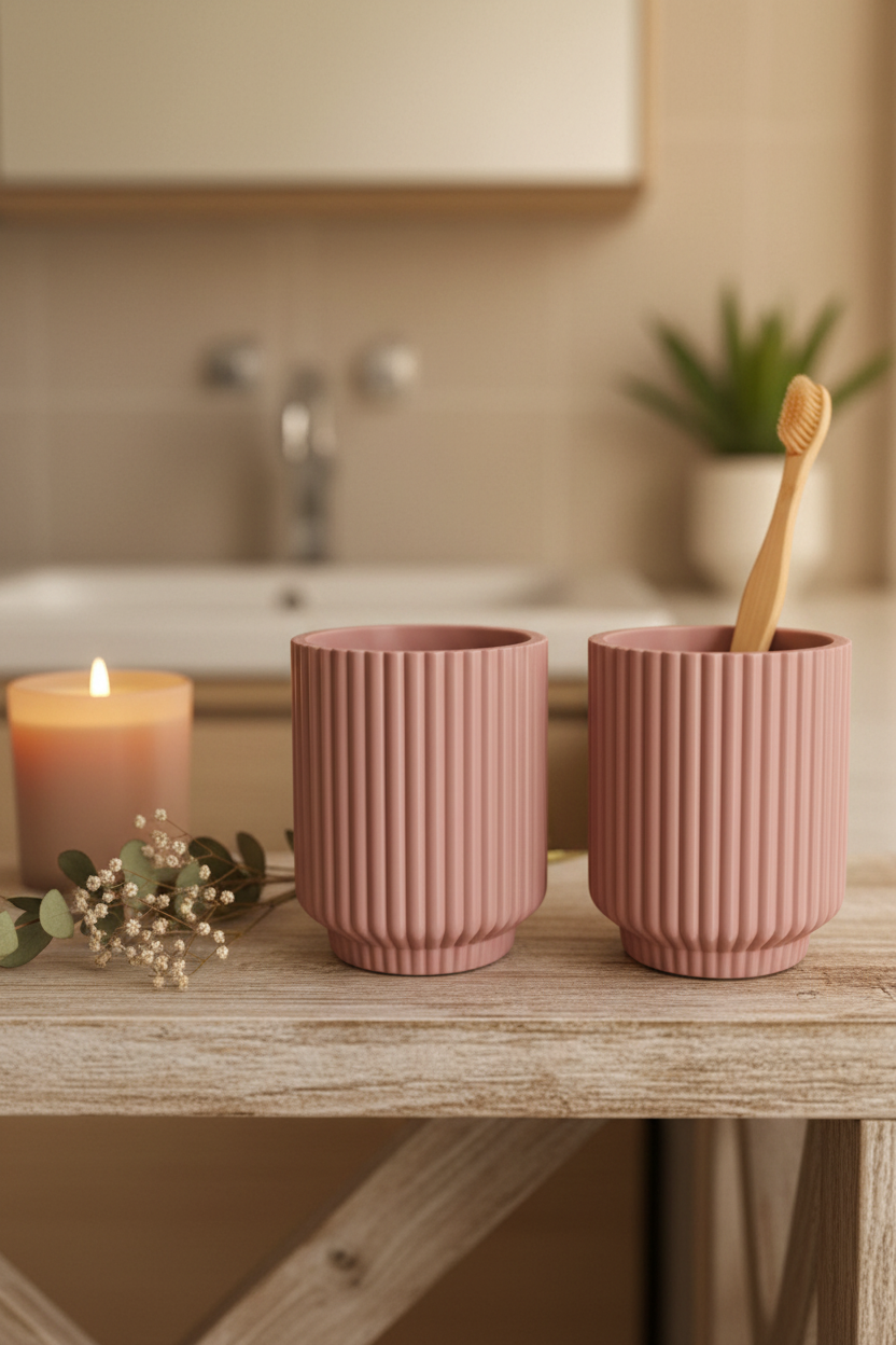 Dusty pink ribbed toothbrush cup set on wooden shelf with bamboo toothbrushes, candle and dried flowers