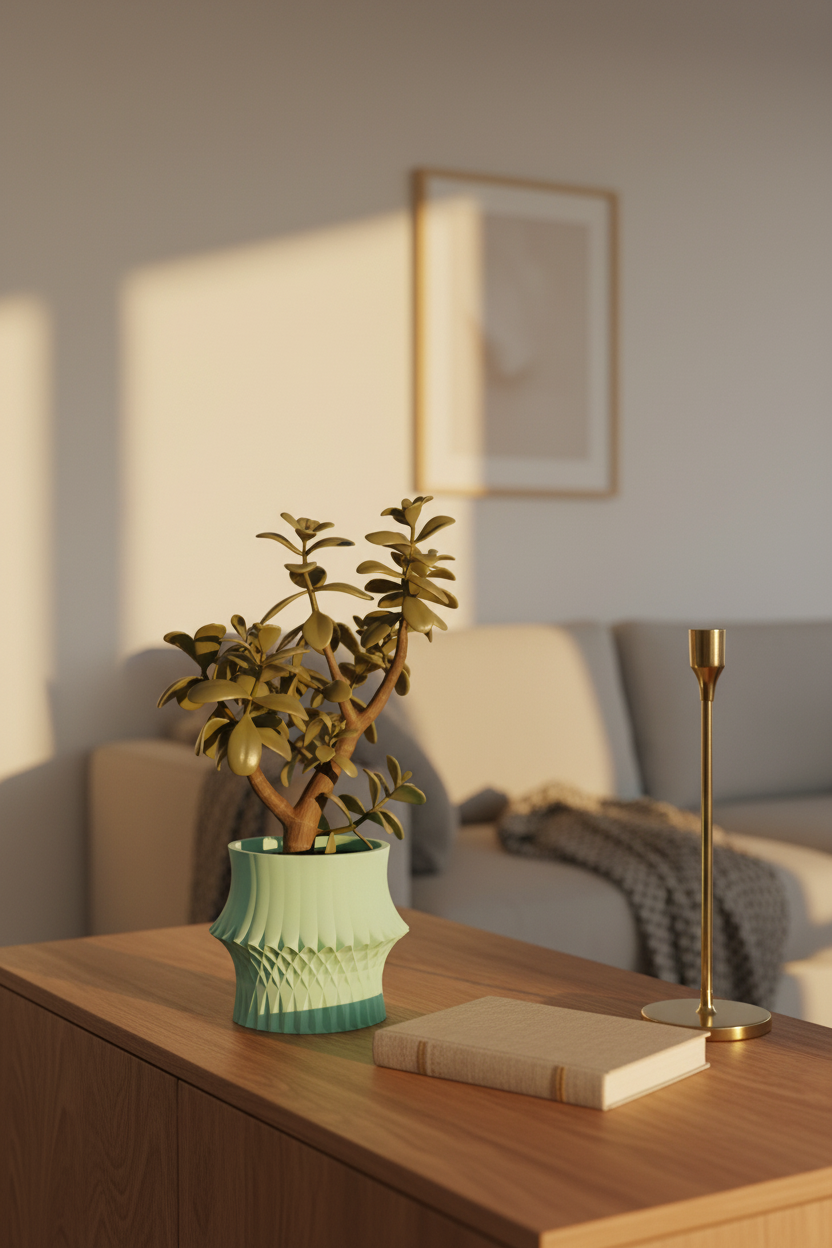 Sage green sculpted geometric desk planter with jade tree on walnut sideboard Scandinavian warm evening lifestyle