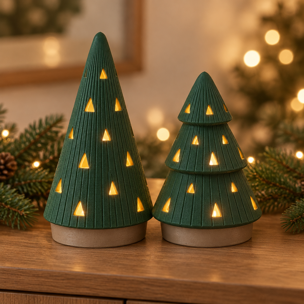 Green-bodied ribbed Christmas tree tealight holders with beige bases glowing on a sideboard