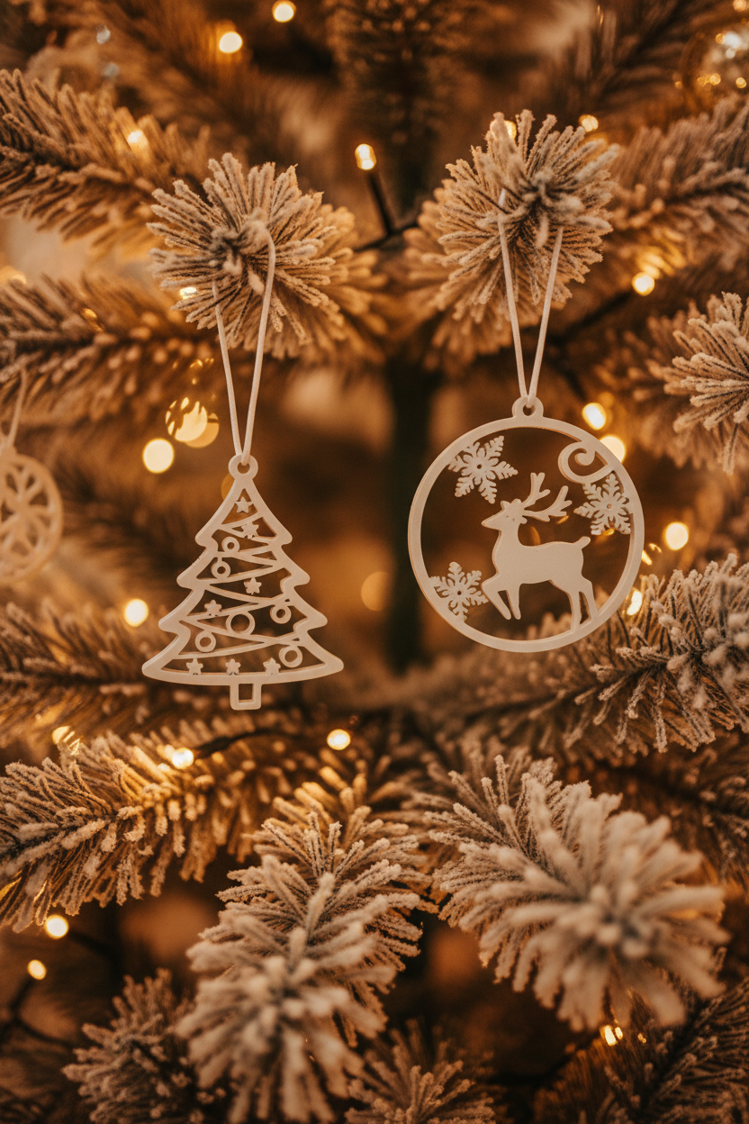 White filigree Christmas bauble ornament hangers on decorated Christmas tree warm golden fairy lights bokeh snow pine branches atmospheric festive portrait