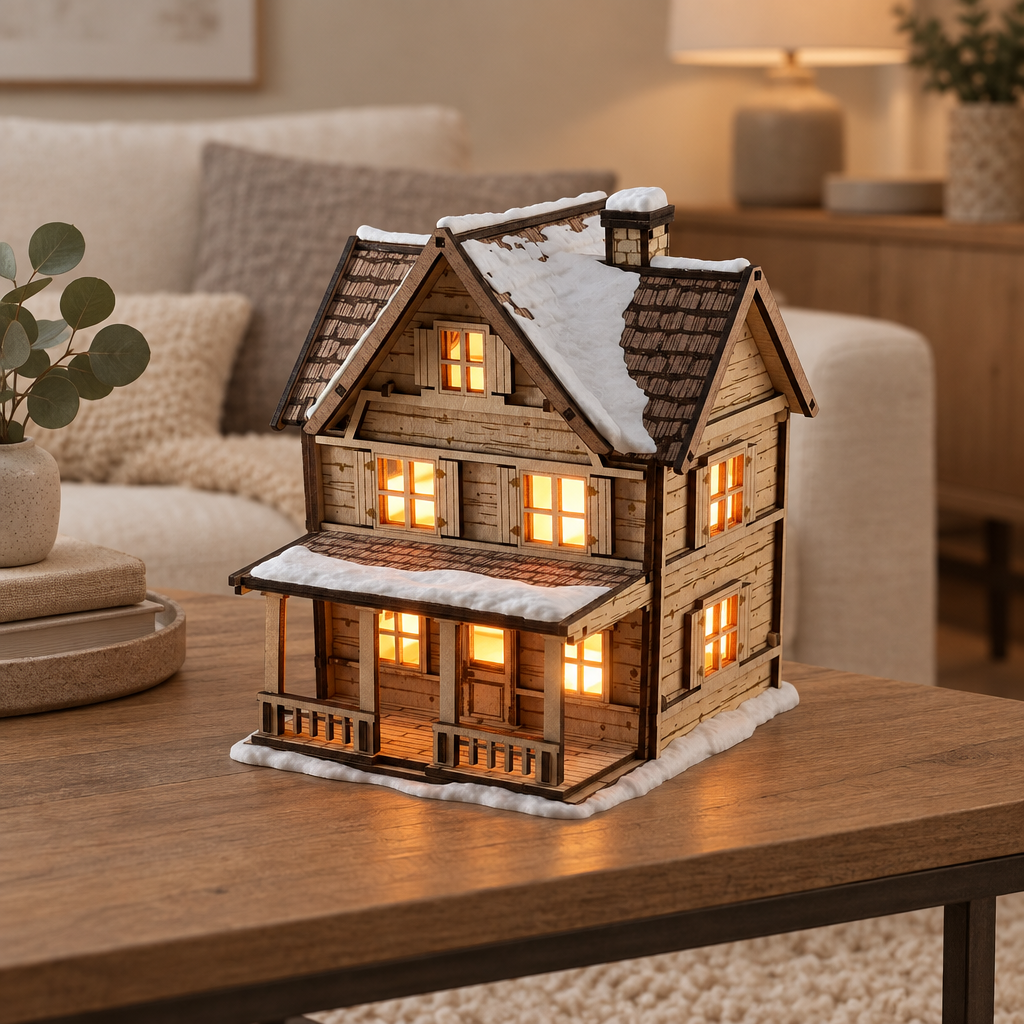 Close three-quarter lifestyle view of the snowy Tealight House in a calm living room