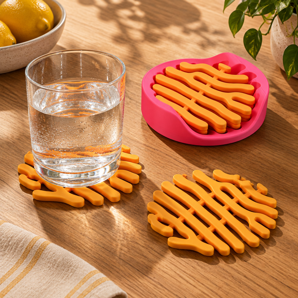 Coral coaster under glass on oak desk