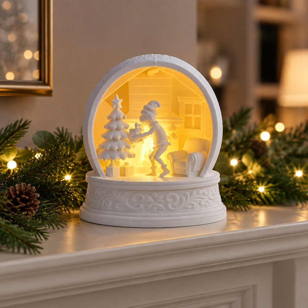 Grinch tealight holder displayed on a Christmas mantel with evergreen garland
