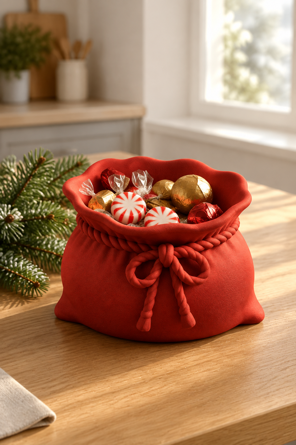 Red sack sweet bowl on a light oak kitchen island with wrapped sweets