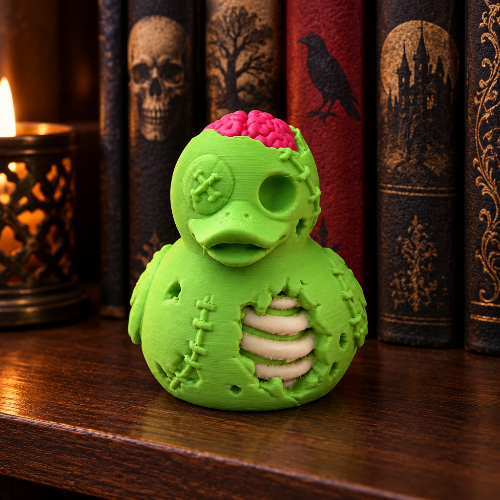 Green Zombie Jeep Duck on dark bookshelf