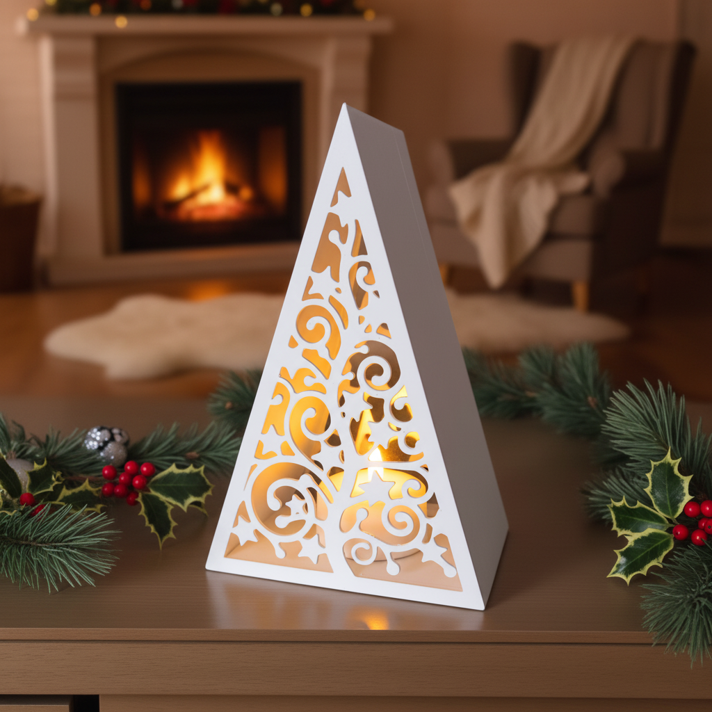 Pyramid Christmas lantern glowing on mantelpiece with red baubles and holly lifestyle