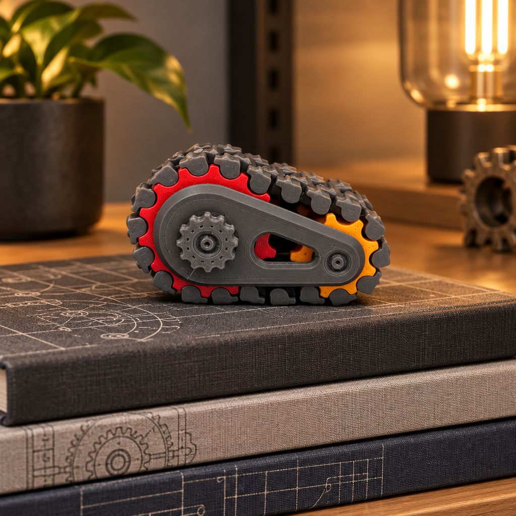 Mechanical Tank Track Gear Fidget displayed on technical books