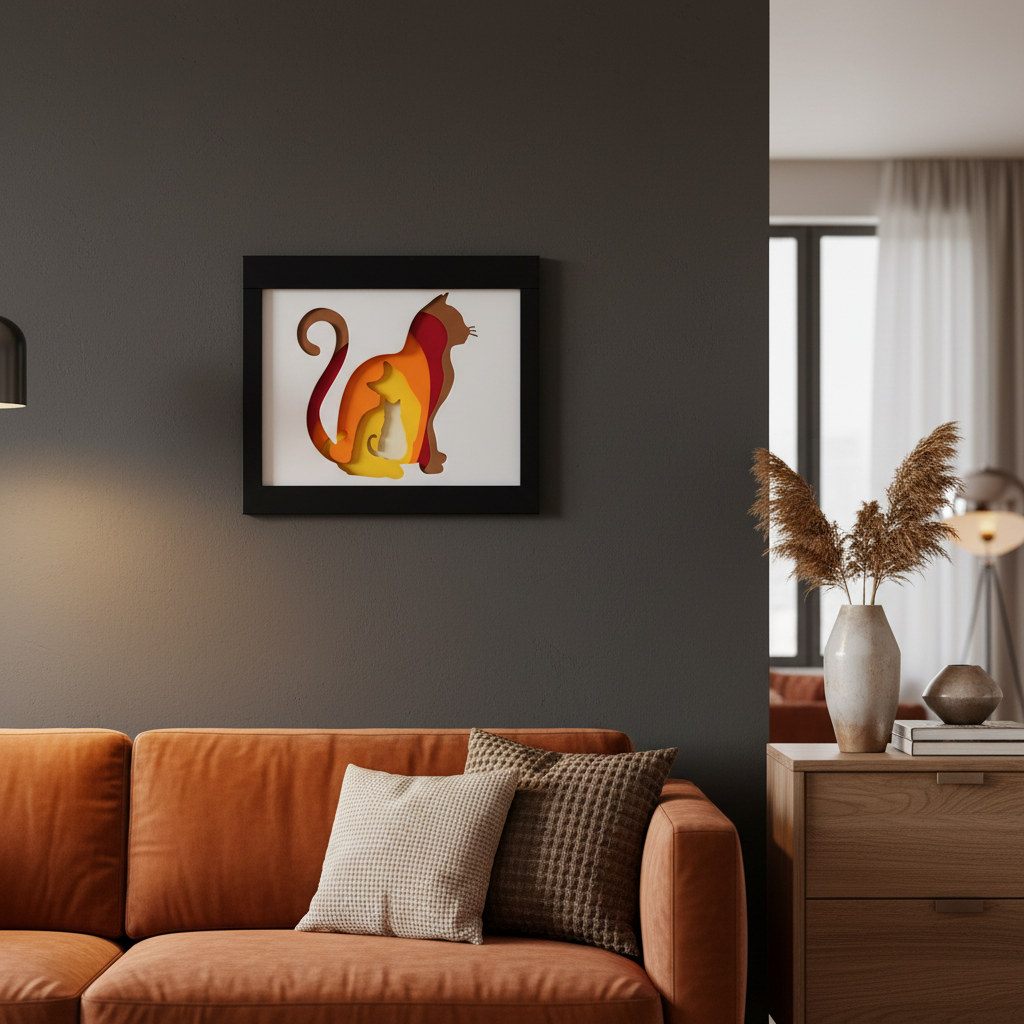 Cat Shadow Box displayed on dark feature wall in stylish modern living room with warm ambient lighting