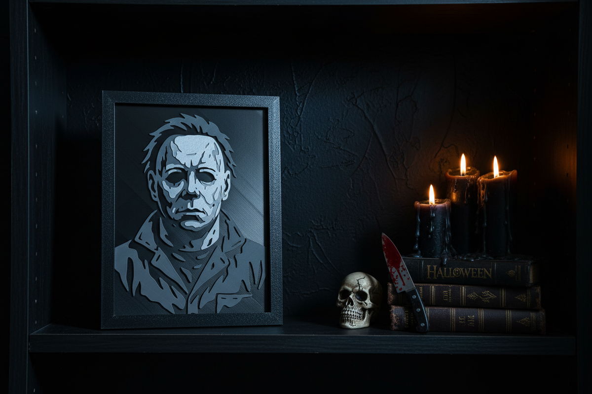 Michael Myers Shadow Box on a dark gothic shelf with cold blue-white lighting and candles