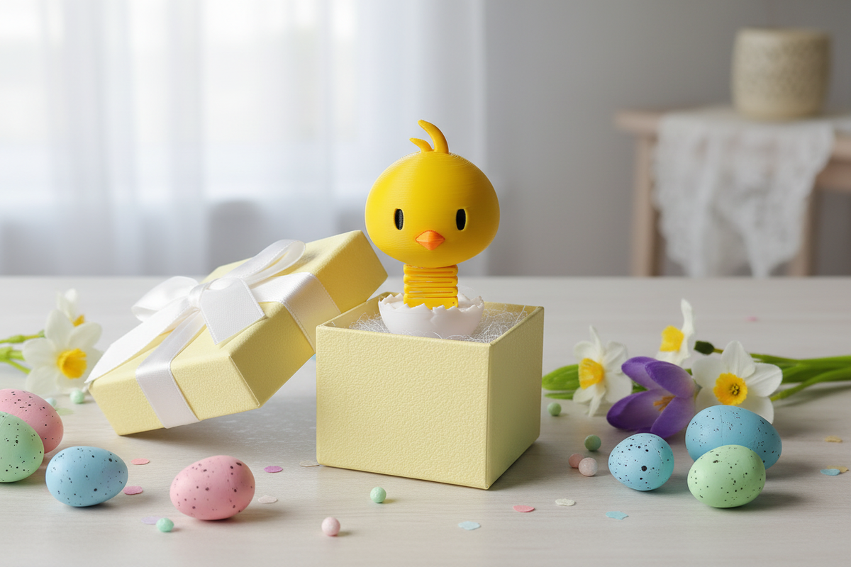 Chick Springie 3D printed Easter figure presented as a gift in a pastel yellow gift box with white ribbon and Easter decorations