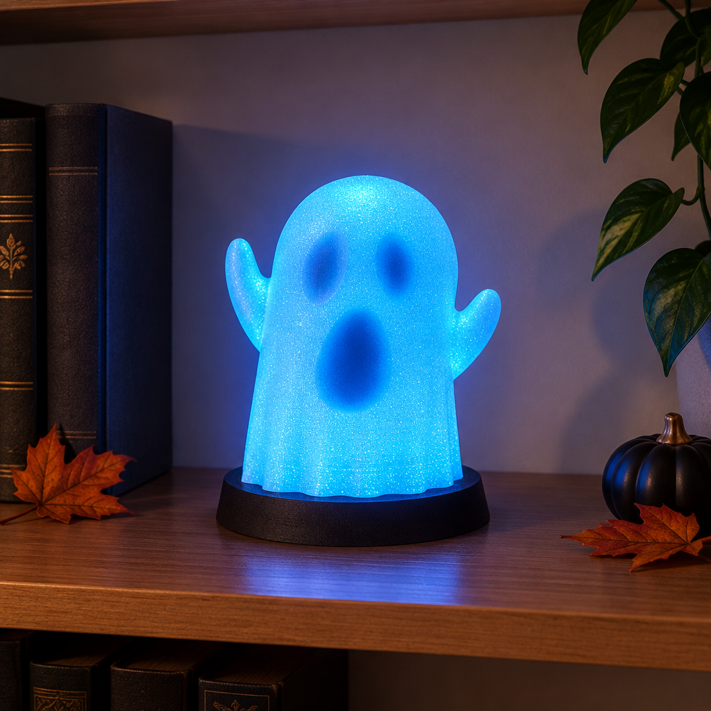 Blue Ghost Lamp glowing with shadowy features revealed on a bookshelf