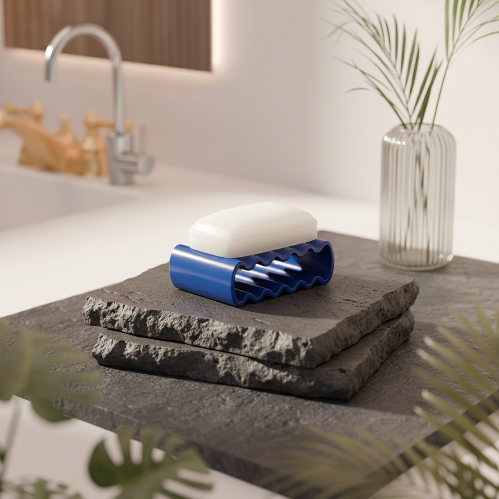 Wibble Soap Dish cobalt blue on dark slate kitchen sink
