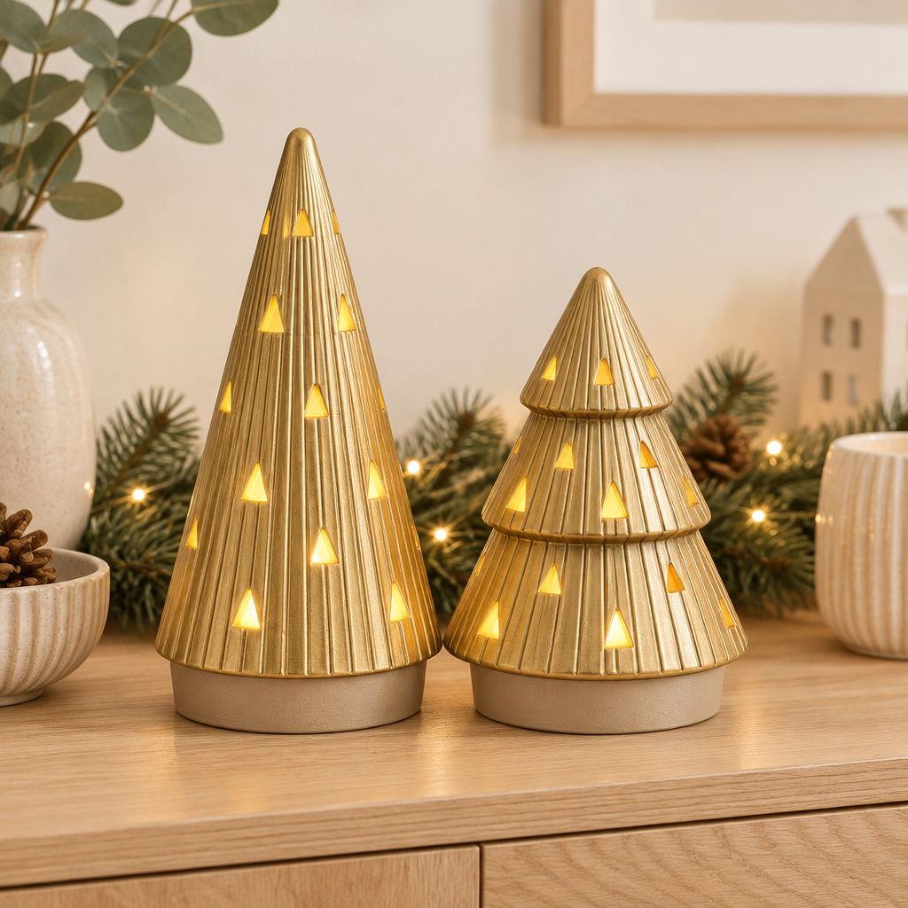 Gold ribbed tall and tiered Christmas tree holders with beige bases on a console